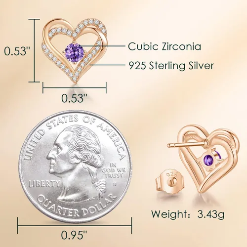 Vista 5 de Aretes CDE Forever Love Heart de plata de ley 925 chapados en oro rosa con piedra de nacimiento de diciembre circonita cúbica de calidad 5 A regalo
