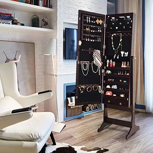 Vista 2 de GOFLAME Espejo de armario de joyería con luces LED, dos cajones con cerradura, organizador de joyas de gran capacidad, organizador de almacenamiento