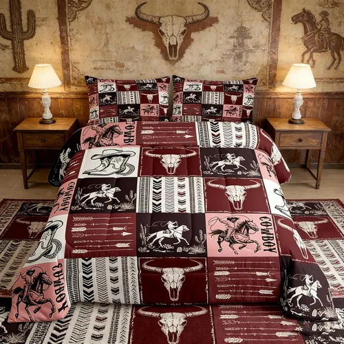 Vista 12 de Manfei Juego de edredón de vaquero occidental tamaño individual, juego de ropa de cama con estampado de calavera de toro, caballo y flecha, 2 piezas