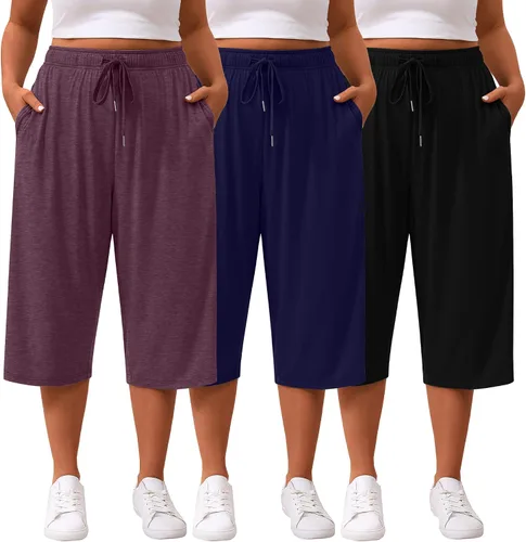 Vista 18 de Paquete de 3 pantalones capri de talla grande para mujer, ajuste holgado, pierna ancha, pantalones recortados para yoga, descanso, entrenamiento