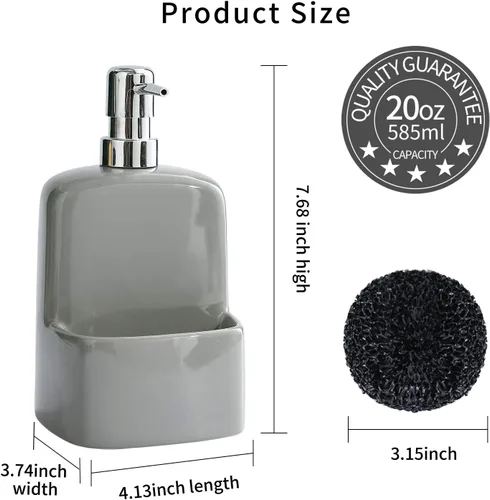 Vista 2 de Dispensador de jabón para platos, dispensador de jabón de cocina con soporte de esponja, dispensador de jabón de cerámica mate de 20 onzas para Gris