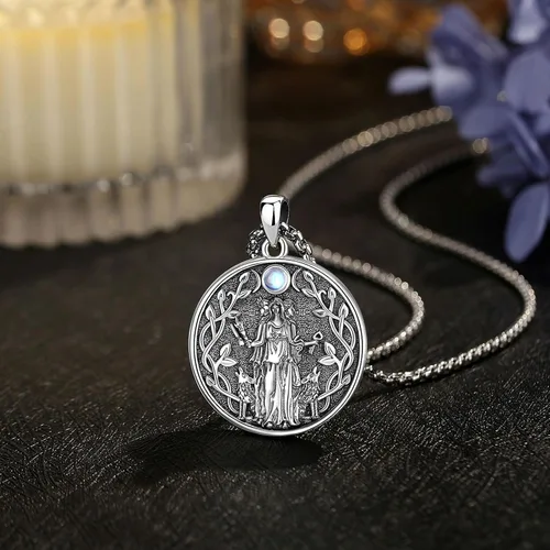 Vista 196 de EUDORA Collar de plata de ley 925 con moneda Hécate, Athena, Perséfono, Nyx, diosa de la luna triple, diosa celta, rueda de Hécate, llave, regalo