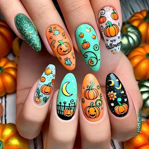 Vista 21 de Paquete de 6 144 uñas acrílicas de Halloween a presión, uñas postizas reutilizables de cobertura completa, uñas postizas adhesivas con pegamento