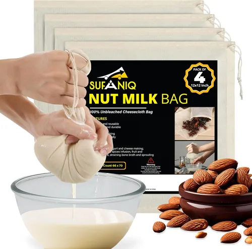 Vista 9 de SUFANIQ - Bolsa de leche de nueces, 2 bolsas (12 x 12 pulgadas), bolsa de tela de queso 100% algodón sin blanquear para colar, bolsa de leche