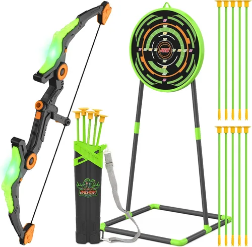 Vista 10 de Kmuxilal Paquete de 2 Arcos y Flechas para Niños con Luces LED Intermitentes, 14 Flechas con Ventosa y Diana de Pie Fluorescente - Juego de Tiro