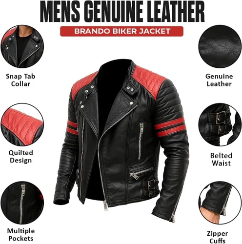 Vista 5 de Black Leather Jacket for Men - Cafe Racer Brando Style with Red Stripes Quilted Motorcycle Real Leather Jacket