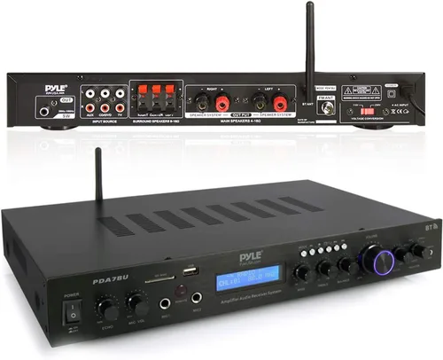 Vista 2 de Pyle Amplificador de cine en casa Bluetooth - 200 vatios en 5 canales con salida de subwoofer, karaoke fácil, micrófono dual, transmisión