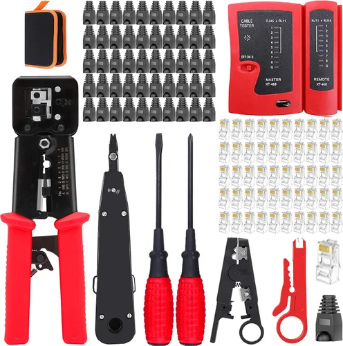 Vista 7 de LEATBUY CAT5 Crimper Tool Kit for RJ45/CAT6 Professional Network Crimping Set Wire Connector Stripper Cutter, Computer Maintenance Lan Punch Down
