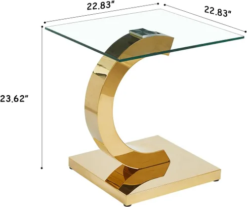 Vista 2 de Mesa auxiliar de cristal dorado de lujo, moderna mesa de centro cuadrada para sofá con base de acero inoxidable con espejo brillante, mesa de noche