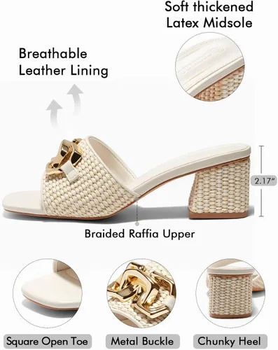 Vista 4 de Coutgo Sandalias de cuña con tacón grueso de rafía para mujer, con punta abierta, cuadradas, con cadena metálica, sin cordones, elegantes