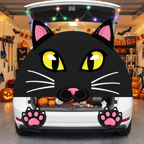 Vista 4 de JOYIN Kit de decoración de Halloween para maletero o golosinas, lindas calcomanías de gato de Halloween, decoraciones negras para SUV, puerta