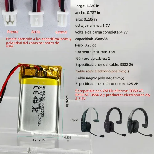 Vista 2 de DC 3.7V 350mAh 602030 Batería de litio para auriculares Bluetooth VXI BlueParrott B350-XT B450-XT B550-XT B350XT B450XT B550XT B550XT Bluetooth