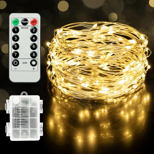 Vista 10 de Twinkle Star, 5 pulgadas para interior y exterior, luces LED en guirnalda operadas por batería, impermeables con control remoto, temporizador y 8