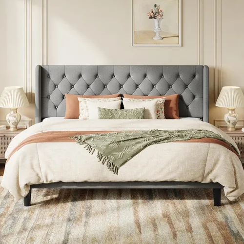 Vista 9 de SHA CERLIN Marco de cama tapizado completo, diseño capitoné con botones, color beige