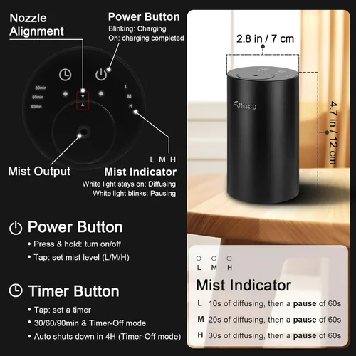 Vista 4 de Difusor de aceite esencial sin agua, nebulizador a pilas con 3 temporizadores y 3 niveles de niebla, 0.7 onzas líquidas/0.7 fl oz, mini máquina