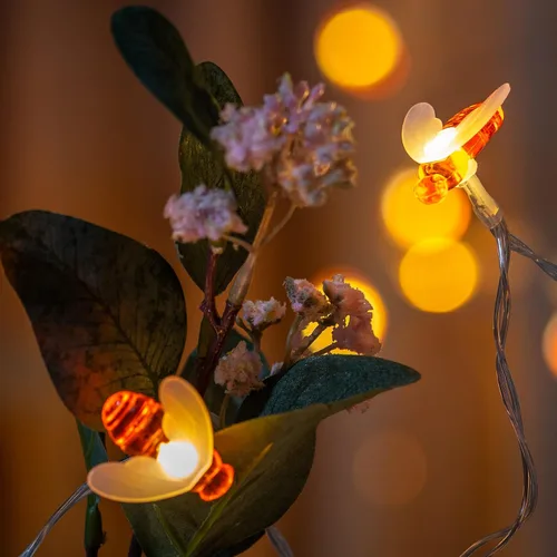 Vista 3 de Guirnalda de 100 luces de abeja alimentadas por USB, 50 pies de luz LED decorativa Cable transparente, bombillas LED blancas cálidas, premontadas