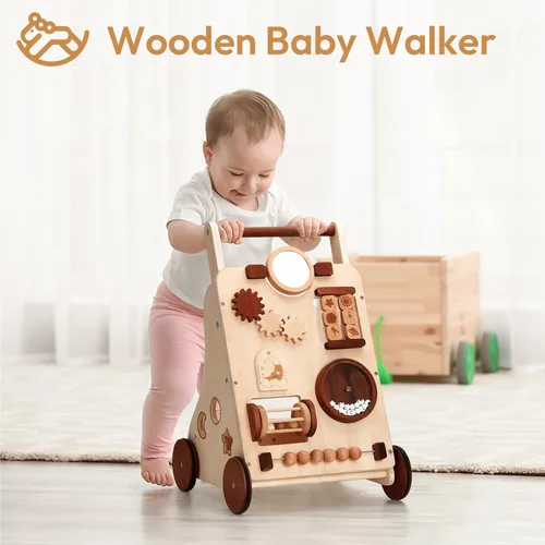 Vista 2 de Andador de madera Woodtoe para bebé, andador de empuje de velocidad ajustable, andador Montessori para niños y niñas, centro de actividades