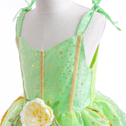 Vista 9 de Disfraz de hada de flores, conjunto de disfraz de princesa para niñas, Tinker Bell ropa para Halloween, disfraz de cosplay con ala, verde