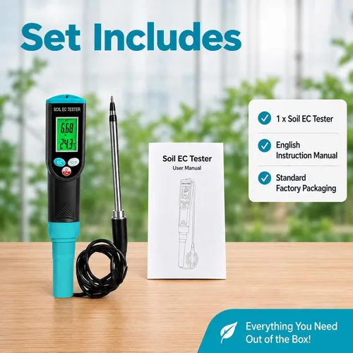 Vista 9 de Medidor digital EC de suelo 2 en 1 plantas porfesionales medidor de temperatura EC con sensor con cable, pantalla LCD retroiluminada, compensación