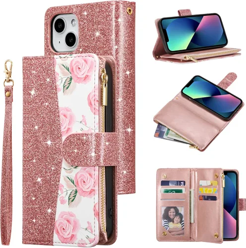Vista 14 de UEEBAI Funda para iPhone 13 de 6.1 pulgadas, Cartera de piel sintética retro a prueba de golpes con función de soporte de ranuras para tarjetas Azul