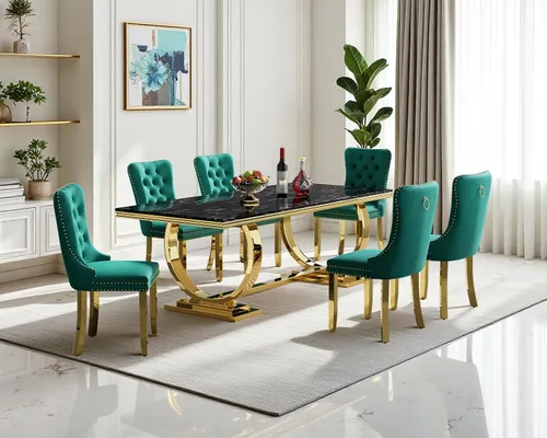 Vista 29 de Juego de mesa de comedor de mármol de 68.11 pulgadas para 4, moderna mesa de comedor de mármol sintético con 4 sillas de comedor de terciopelo
