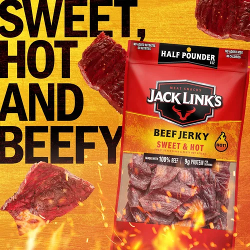 Vista 4 de Jack Link's carne de res Jerky, dulce & caliente, ½ libra, bocadillo de carne sabrosa, 0.32 onzas de proteína y 80 calorías, fabricado con carne