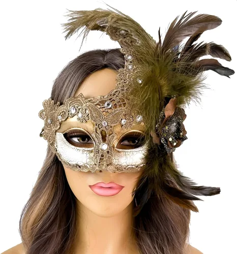 Vista 11 de Máscara de plumas burlesque, máscara de encaje de Mardi Gras para mujer, disfraz de plumas de pavo real, máscara de brocado veneciano