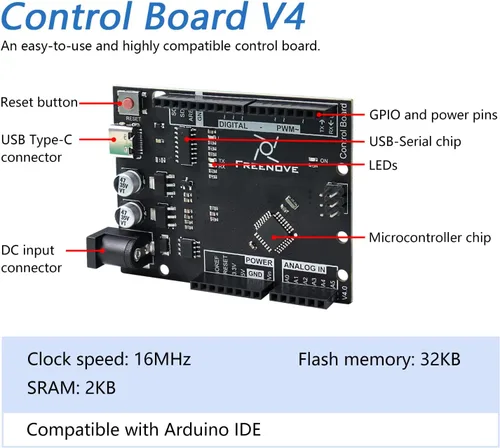 Vista 3 de Freenove Kit de proyectos con placa de control V4 (compatible con Arduino IDE), tutoriales detallados de 238 páginas, 46 proyectos, sin soldadura