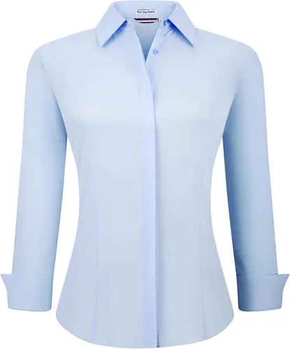 Vista 35 de Alex Vando Camisas de vestir para mujer, sin arrugas, ajuste regular, manga larga, elástica, camisa de trabajo