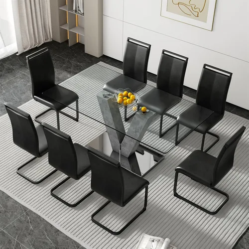 Vista 34 de Juego de mesa de comedor de cristal de 71 pulgadas para 4, juego de mesa de cocina moderno para 4, juego de mesa de comedor para el hogar