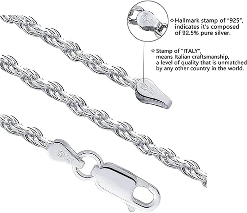 Vista 2 de Savlano Collar de plata de ley 925 de 0.236 in con cuerda italiana maciza de corte de diamante, con caja de regalo para hombres y mujeres, fabricado