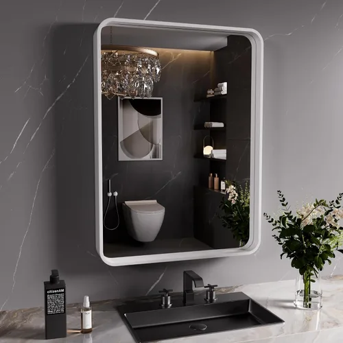 Vista 26 de JISOSO - Espejo de baño negro de 20x30 pulgadas con marco de metal negro, espejo de tocador rectangular redondeado con acabado mate para pared