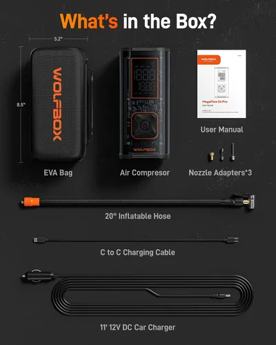 Vista 8 de WOLFBOX Inflador de neumáticos de alta resistencia de 150 PSI, compresor de aire portátil de doble cilindro de 45 LPM para neumáticos de automóvil