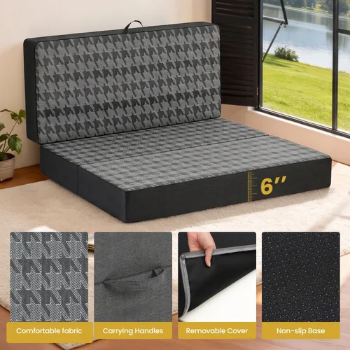 Vista 5 de Colchón triple plegable tamaño matrimonial – Colchón plegable de espuma viscoelástica de doble capa de 6 pulgadas, sofá cama portátil con funda