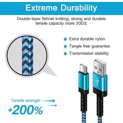Vista 4 de [10 pies, 2 unidades] S23 USB C a USB A, cable de alimentación de teléfono Android de carga rápida tipo C, cable trenzado de nailon para Samsung