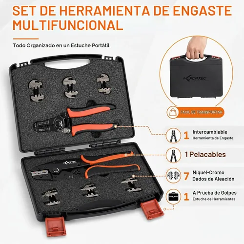 Vista 3 de KF CPTEC Juego de 9 herramientas de crimpado de alambre de cambio rápido, crimpadora de trinquete con 7 mandíbulas intercambiables, pelacables