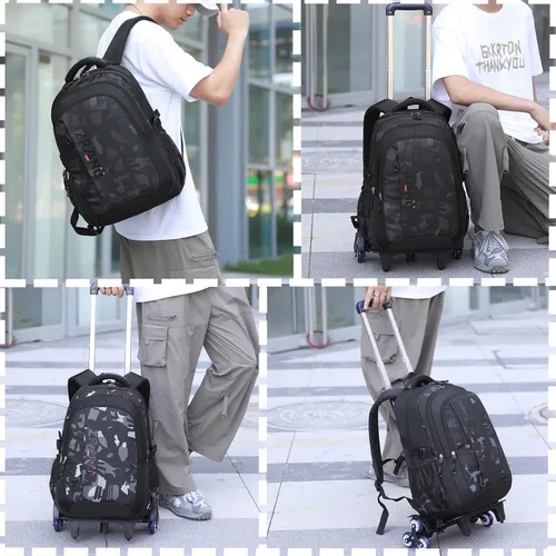 Vista 6 de EKUIZAI Mochila negra con ruedas para niños, mochila con ruedas, Rueda Azul-6