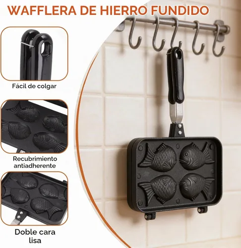 Vista 5 de Cyrank Taiyaki - Molde para pasteles en forma de pez, antiadherente para hacer gofres, molde doble para panqueques con mango largo, molde doble