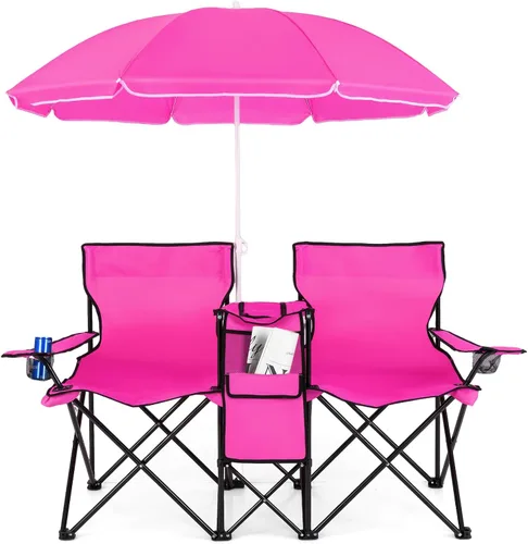 Vista 13 de Goplus Sillas de camping dobles con paraguas, enfriador para patio de playa Negro