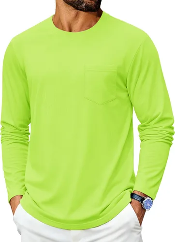 Vista 15 de Cotrasen Camisetas de manga larga para hombre de algodón con cuello redondo, camisetas T con bolsillo que absorben la humedad, suaves, cómodas