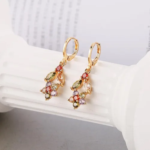 Vista 3 de HZMAN Crystal Flower Earring for Women Girls 14K Rose Gold Plated Hypoallergenic Dangle Drop Earrings Dainty Party Wedding Cubic Zirconia Earrings