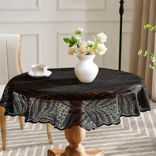 Vista 4 de Warm Home Designs Mantel de encaje negro. Mantel redondo pequeño de 36 pulgadas de diámetro. Mantel floral, superposición rústica o mantel bohemio