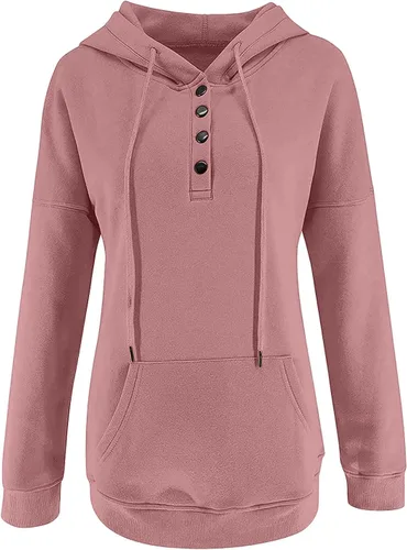 Vista 3 de LRMQS Sudaderas con capucha para mujer con bolsillo de canguro, color sólido, suelto, medio botón, sudadera con capucha para otoño 2023