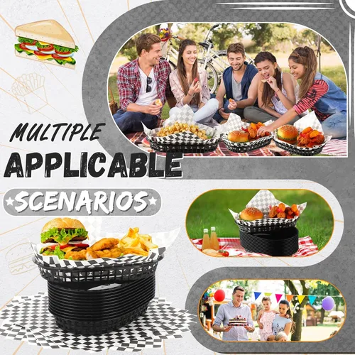 Vista 5 de Uiifan 24 cestas de comida para servir con 100 forros de delicatessen, cestas de comida rápida de 10.5 x 7 pulgadas, bandejas de servicio de Negro