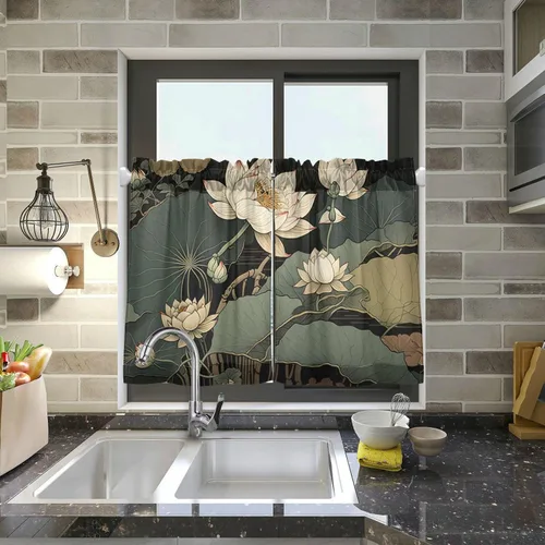 Vista 7 de Vnurnrn Cortinas de media ventana (loto estilo japonés) para dormitorio, cortinas de cocina de granja para ventana pequeña, baño, sótano, caravana