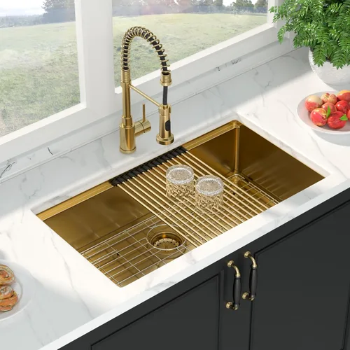 Vista 2 de Mocoloo Fregadero de cocina dorado 33 – Fregaderos de cocina empotrados de 33 x 19 pulgadas, estación de trabajo, fregadero dorado, fregadero
