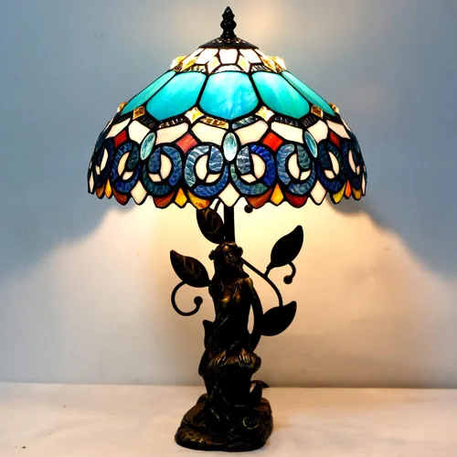 Vista 4 de Tiffany - Lámpara de mesa con vitrales, 12 x 12 x 18.5 pulgadas, escultura de resina, luz de lectura antigua (joyería azul barroco) Escultura