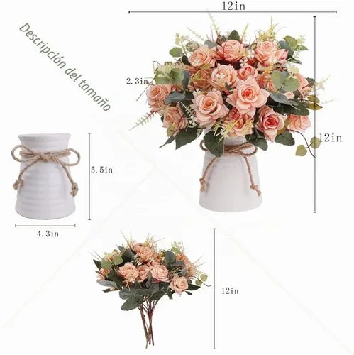 Vista 4 de LESING Rosa artificial con jarrón, ramos de flores de seda falsas en jarrón, arreglo de centro de mesa para cocina, sala de estar (rosa-1)