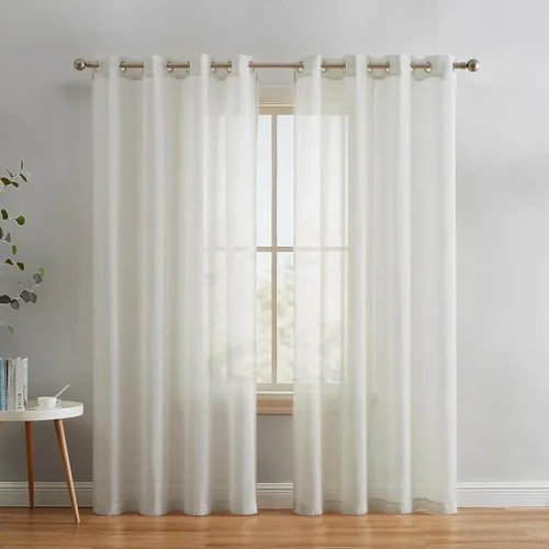 Vista 2 de HLC.ME Sierra Linen - Cortinas de lino sintético con textura semitransparentes que mantienen la privacidad y filtran la luz solar, con ojales, Blanco