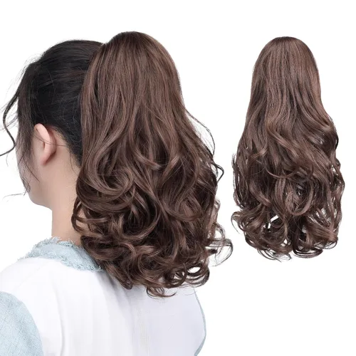 Vista 37 de Extensiones de cola de caballo, extensiones de cabello de cola de caballo con clip de garra marrón oscuro para mujer, pieza de cabello rizado